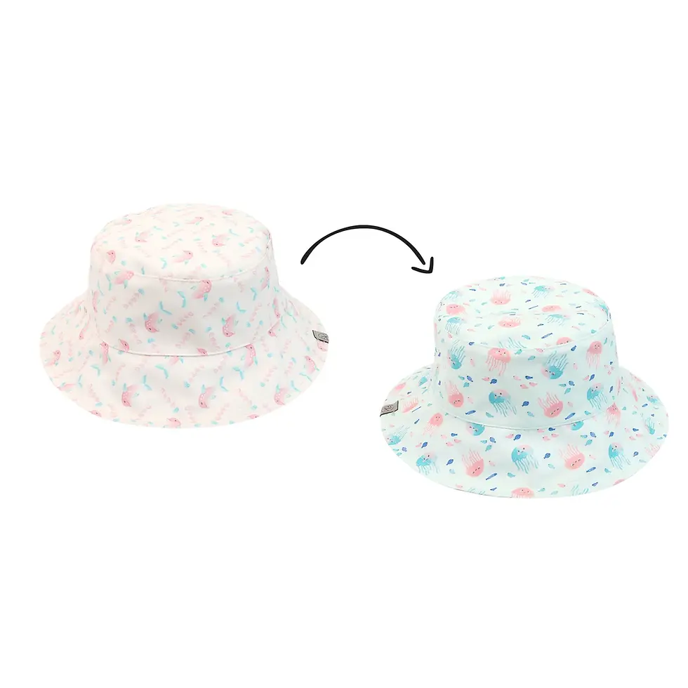A graphic demonstrating both sides of a reversible FlapJackKids sun hat with dolphin and jellyfish prints at Tickled Pink.