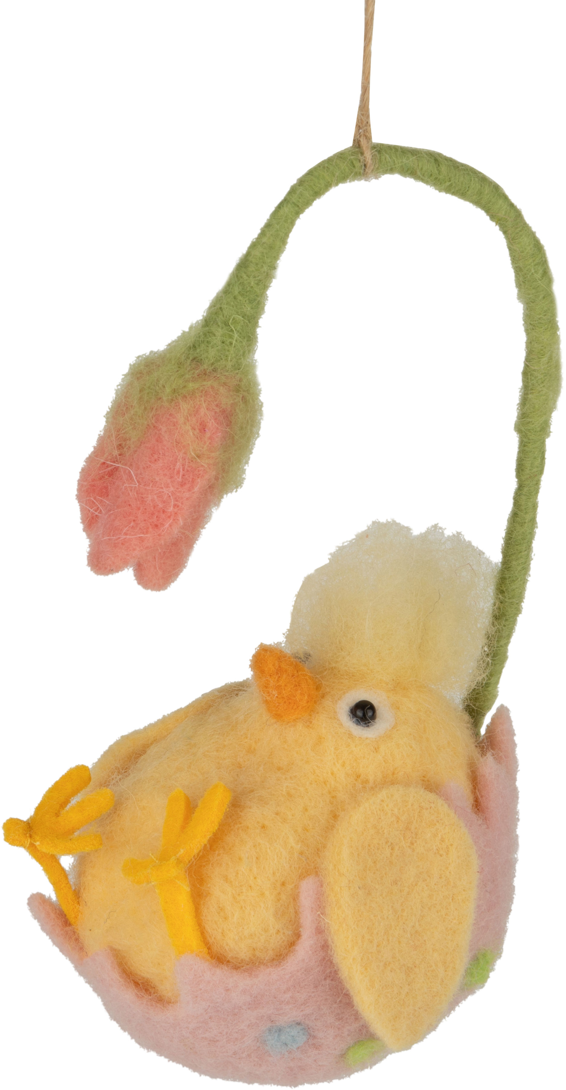 Yellow felt chick lying in pink felt eggcup with pink rose bud