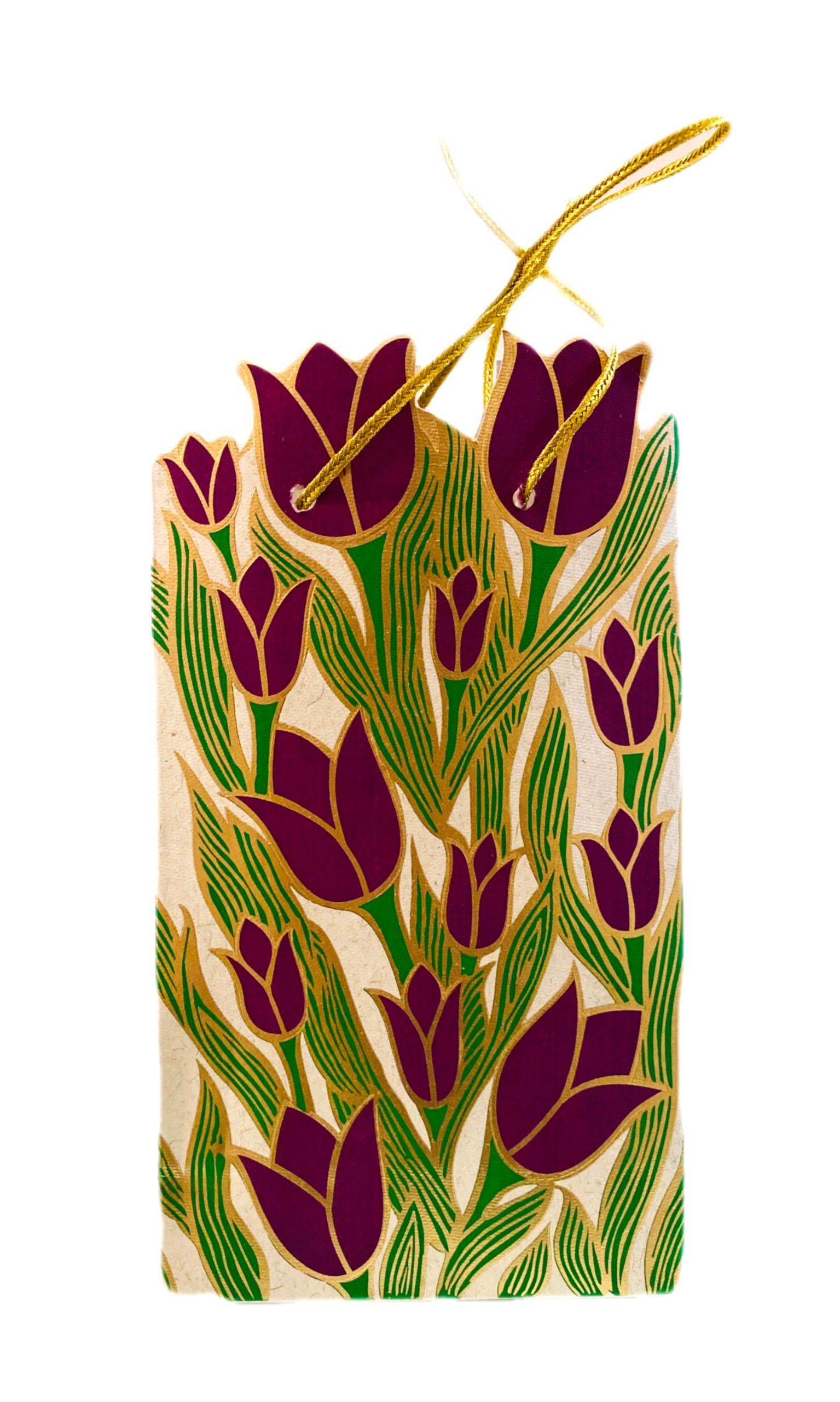 Front view of rectangular paper gift bag with gold string handles, printed with purple tulips & green leaves