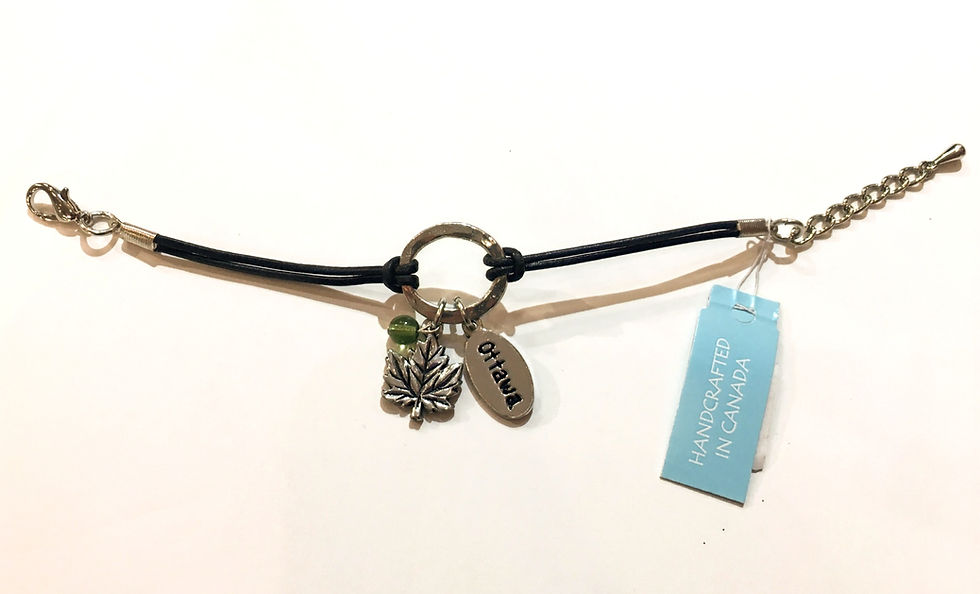 Basic Spirit Pewter & leather bracelet with maple leaf & Ottawa charms open showing lobster clasp