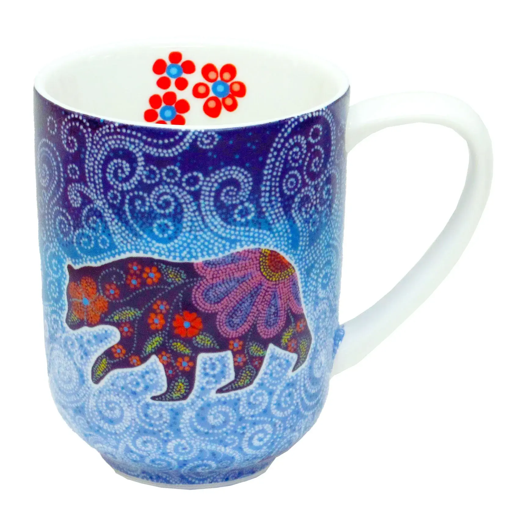 Front of blue coffee mug with reproduction of artist Kim McDonough's painting 'Celestial Bear'