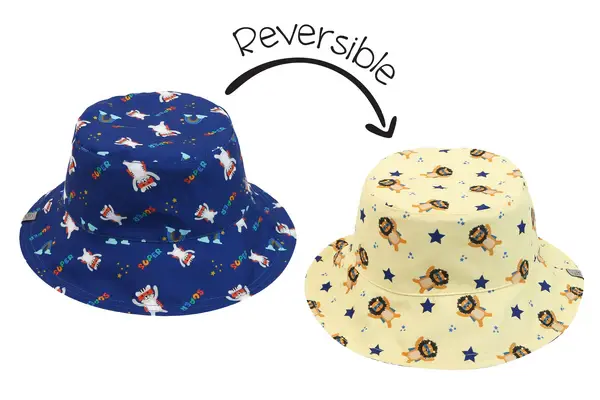 Both sides of reversible patterned sun hat, navy with animal superheroes print & white with same