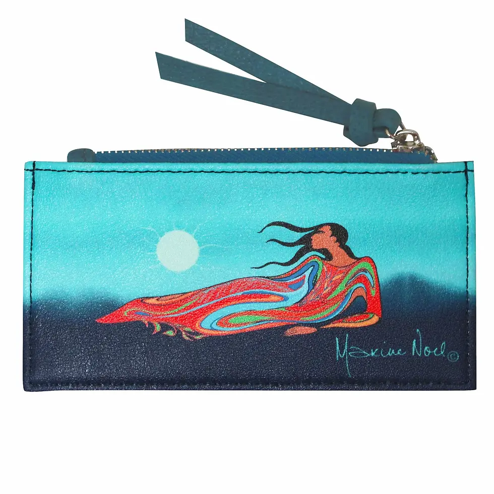 Front of rectangular zippered faux leather coin & card holder featuring Maxine Noel's painting 'Mother Earth'