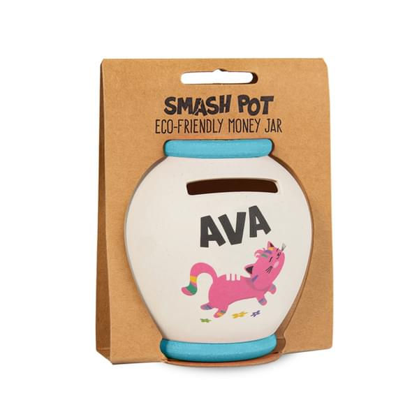 Smash pot piggy bank, white with blue lid & image of unicorn, text 'AVA'