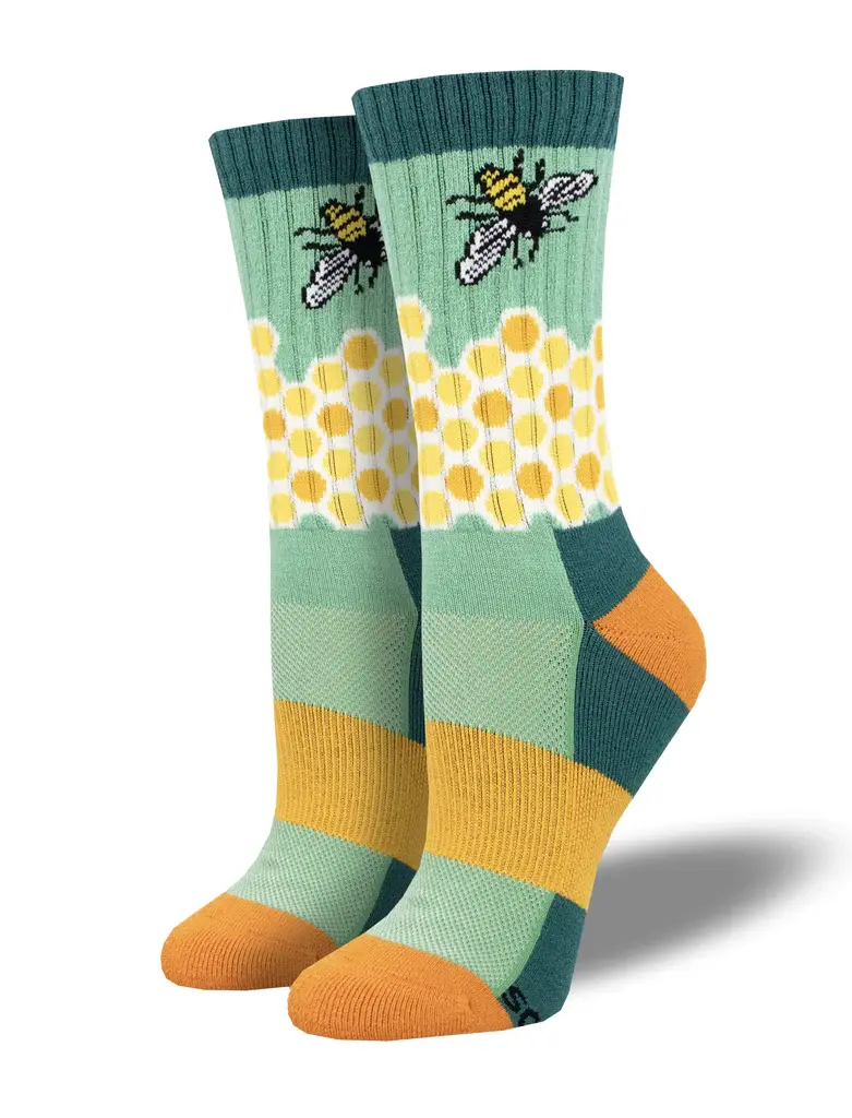 Gold, yellow & Turquoise checked socks with image of honeycomb & bees