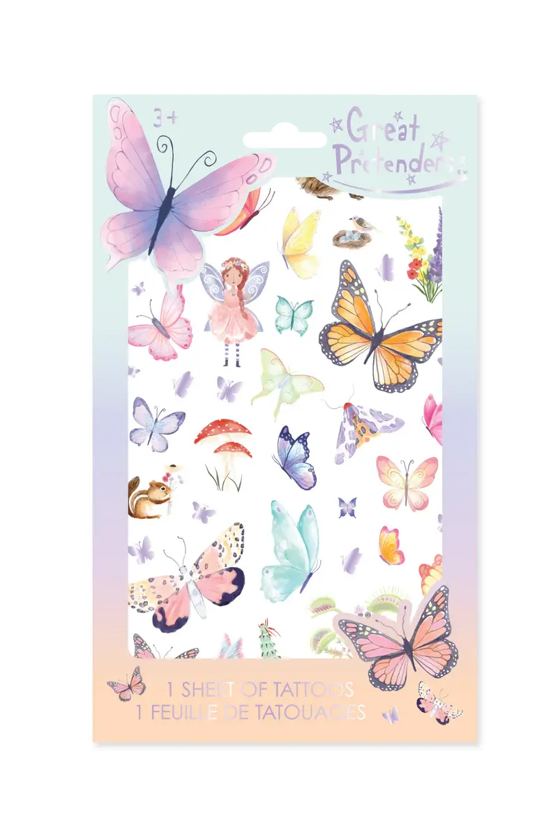Pink & white cardboard package holding sheet of butterfly-themed temporary tattoos