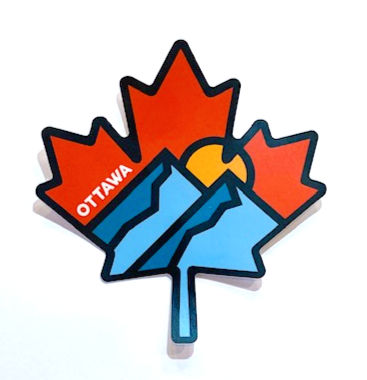 Red maple leaf shaped sticker with blue mountain scene at center, text, 'Ottawa'