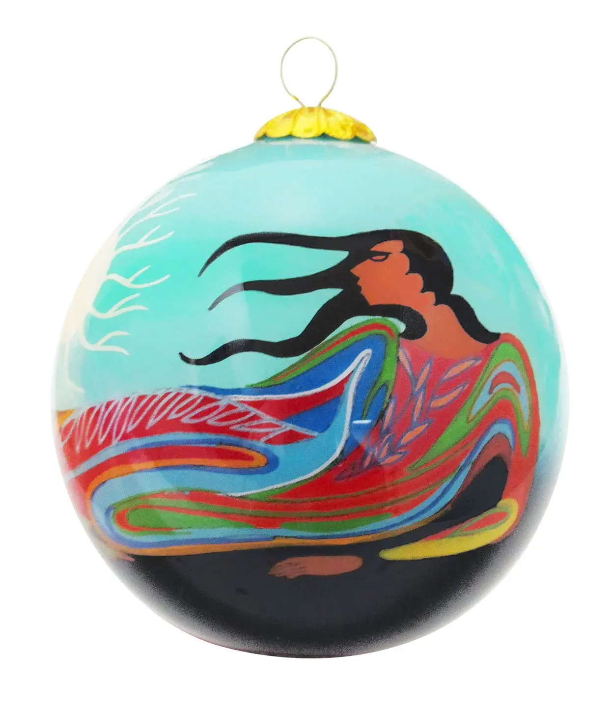 Round glass Christmas ornament hand painted inside with reproduction of artist Maxine Noel's painting 'Mother Earth'
