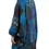 Thumbnail: Back view of model in cocoon shaped kimono style long jacket of blue patchwork with long sleeves