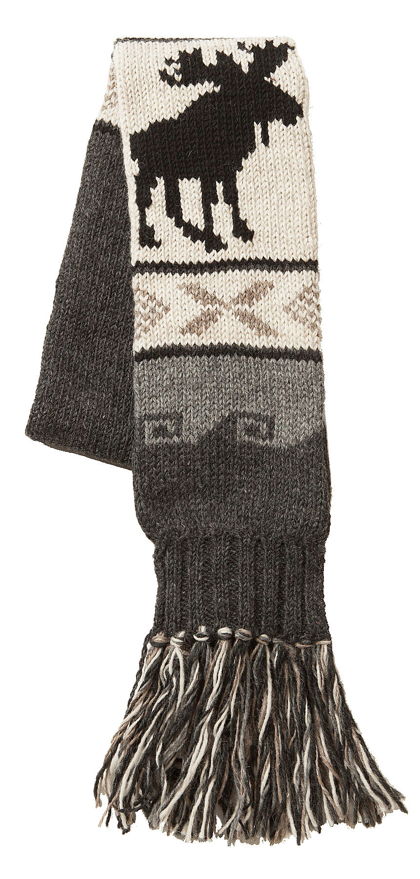 Knitted wool scarf-2-tone gray-off-white center with black moose-knotted fringe