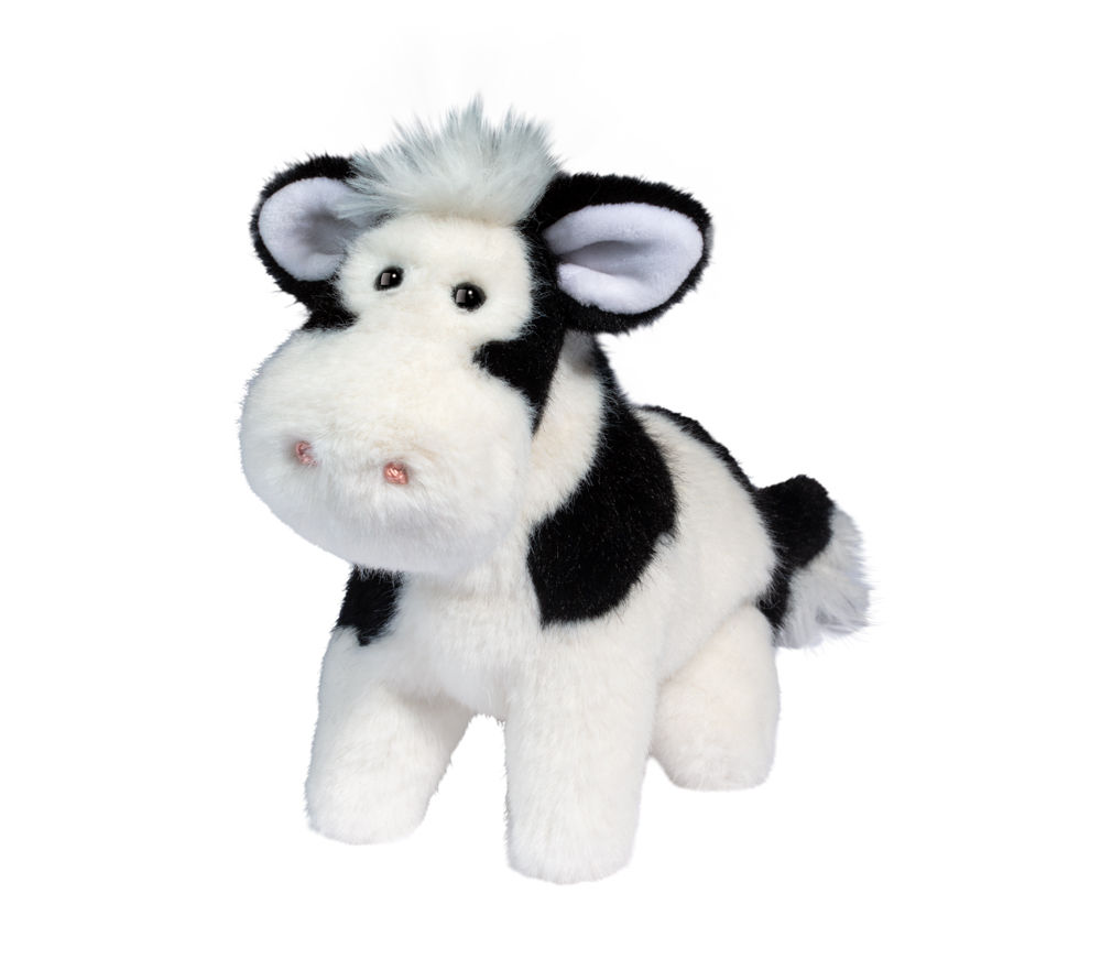 Black & white plush stuffed toy cow with exaggerated snout