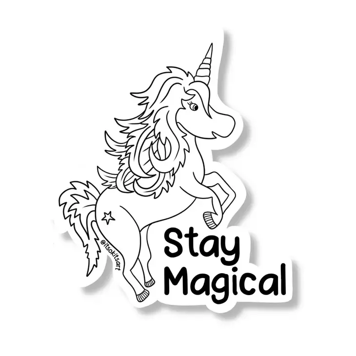 Black & white sticker of unicorn, text, 'Stay Magical'