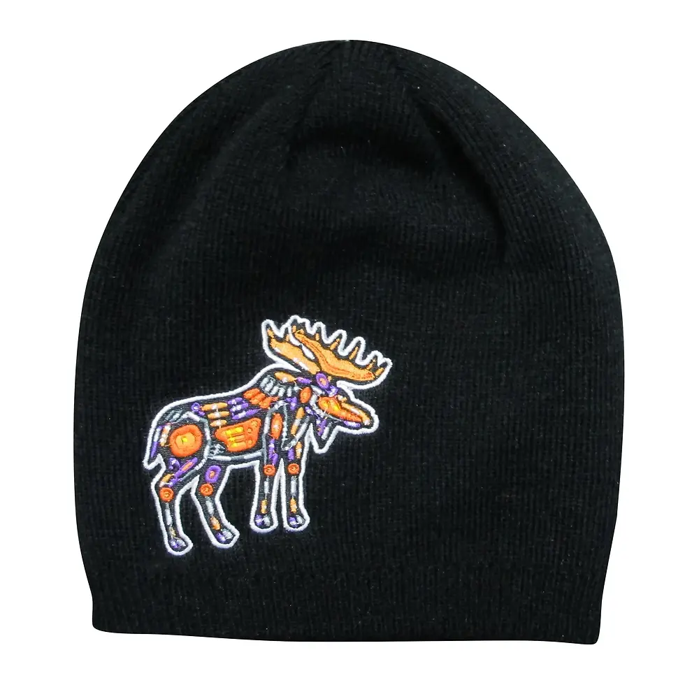 Front view of plain black toque with print of artist John Rombough's Moose painting on embroidered patch