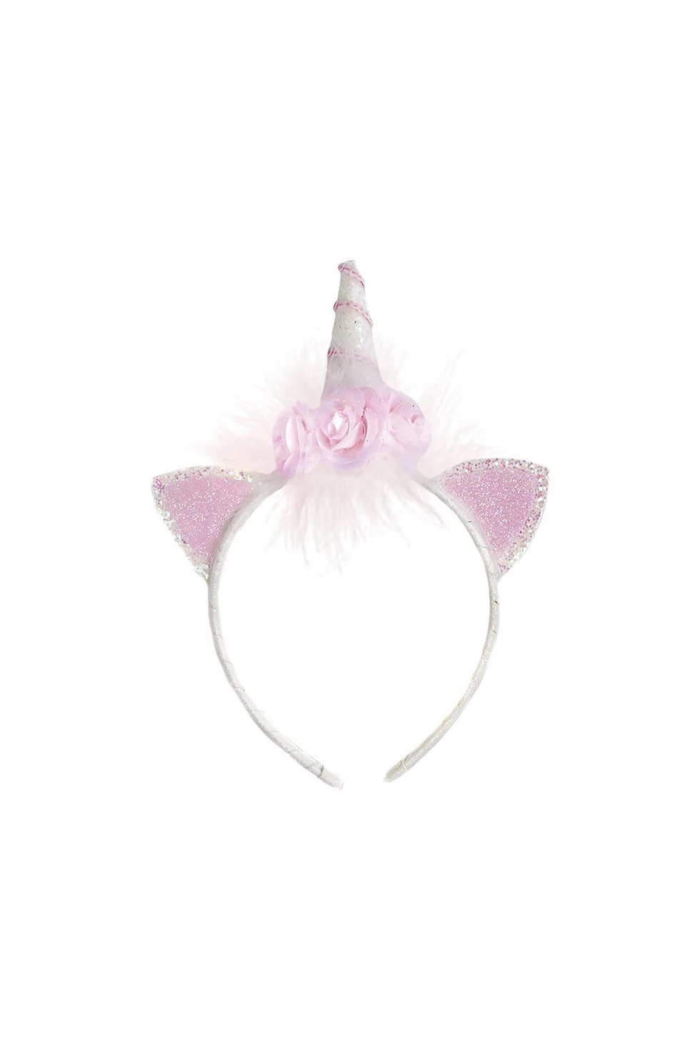Dress-up headband with unicorn ears & horn with pink & white flowers