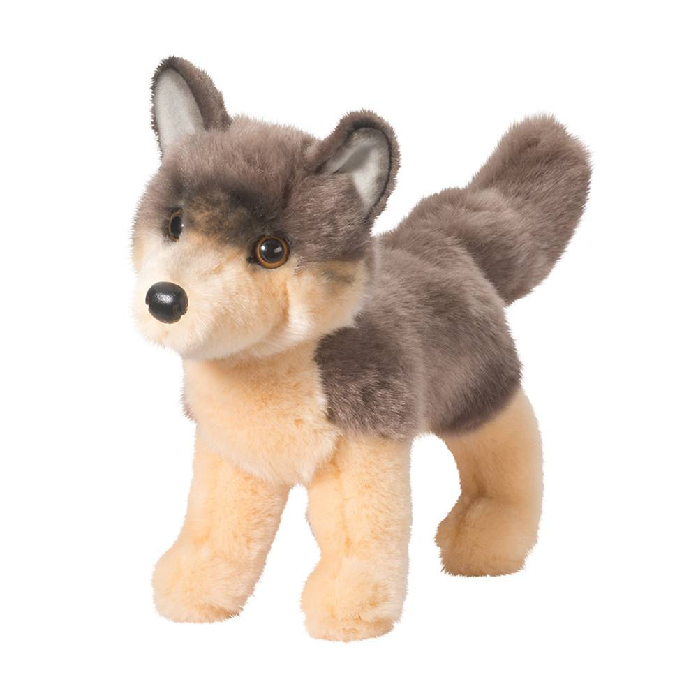 Small gray & tan stuffed toy wolf in standing position