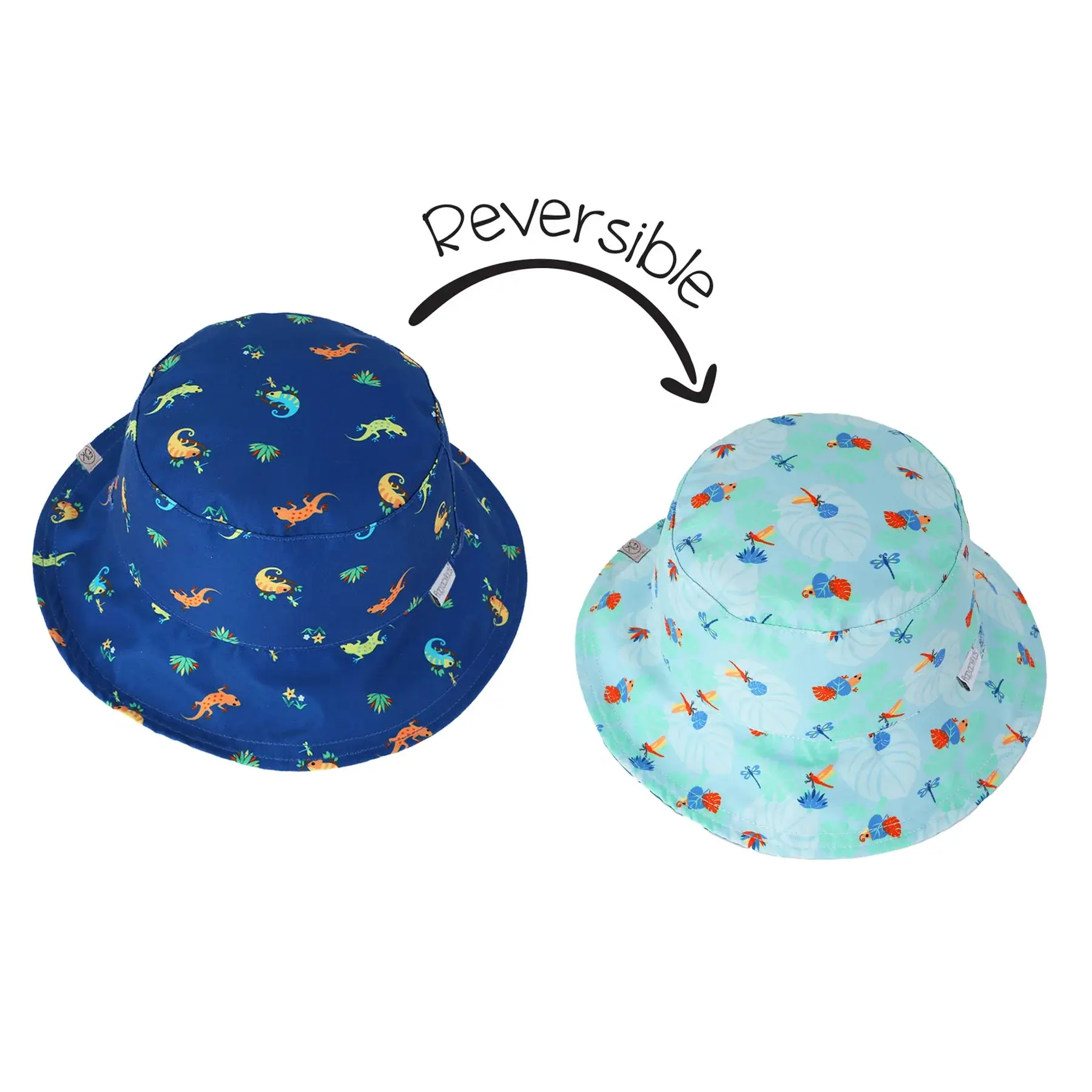 Both sides of reversible patterned sun hat, navy with colorful chameleons print & light blue with tropical print