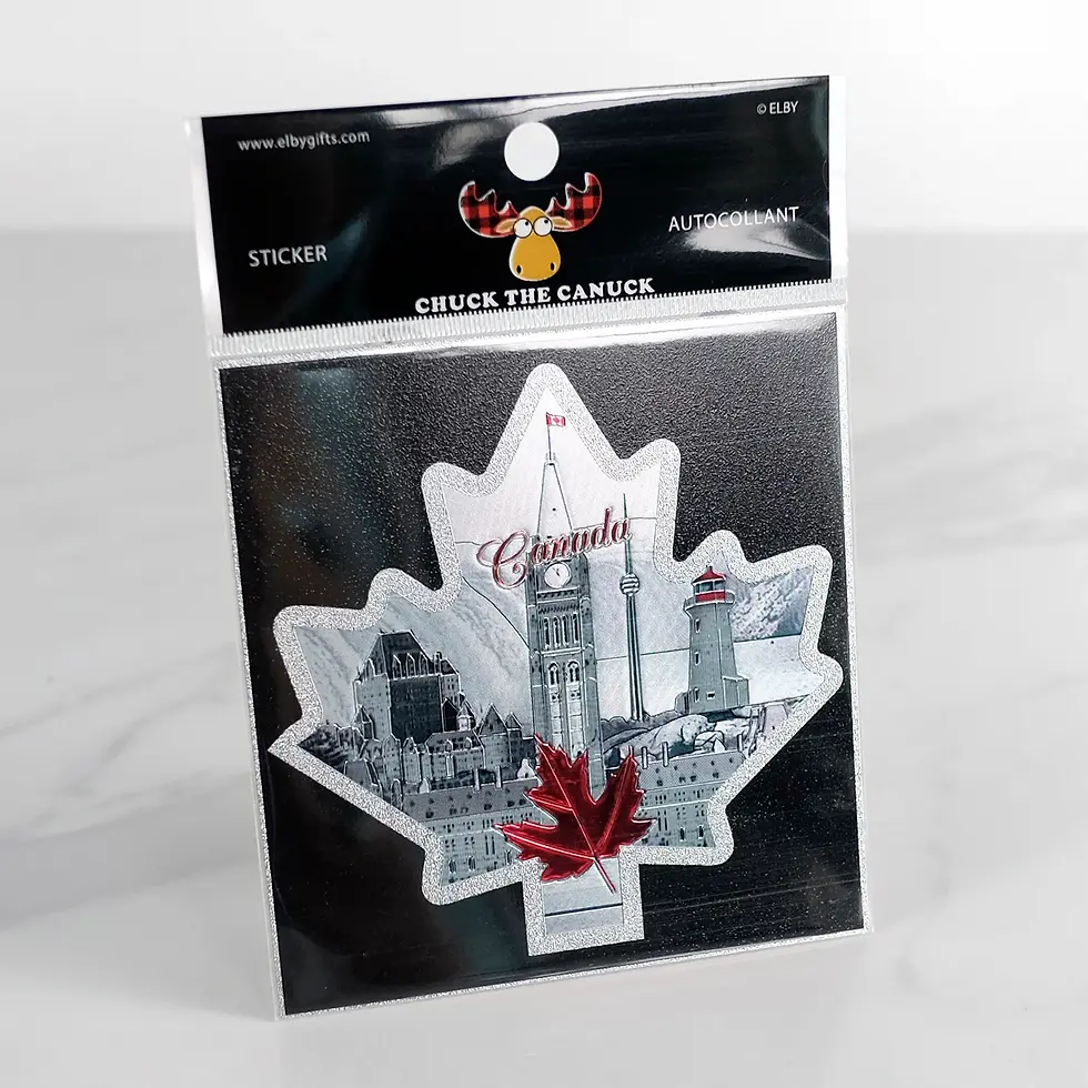 black clear package holding silver maple leaf shaped sticker with Canadian parliament buildings