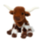 Front view of brown, white & black Texas longhorn bull stuffed toy in seated position stuffed toy standing