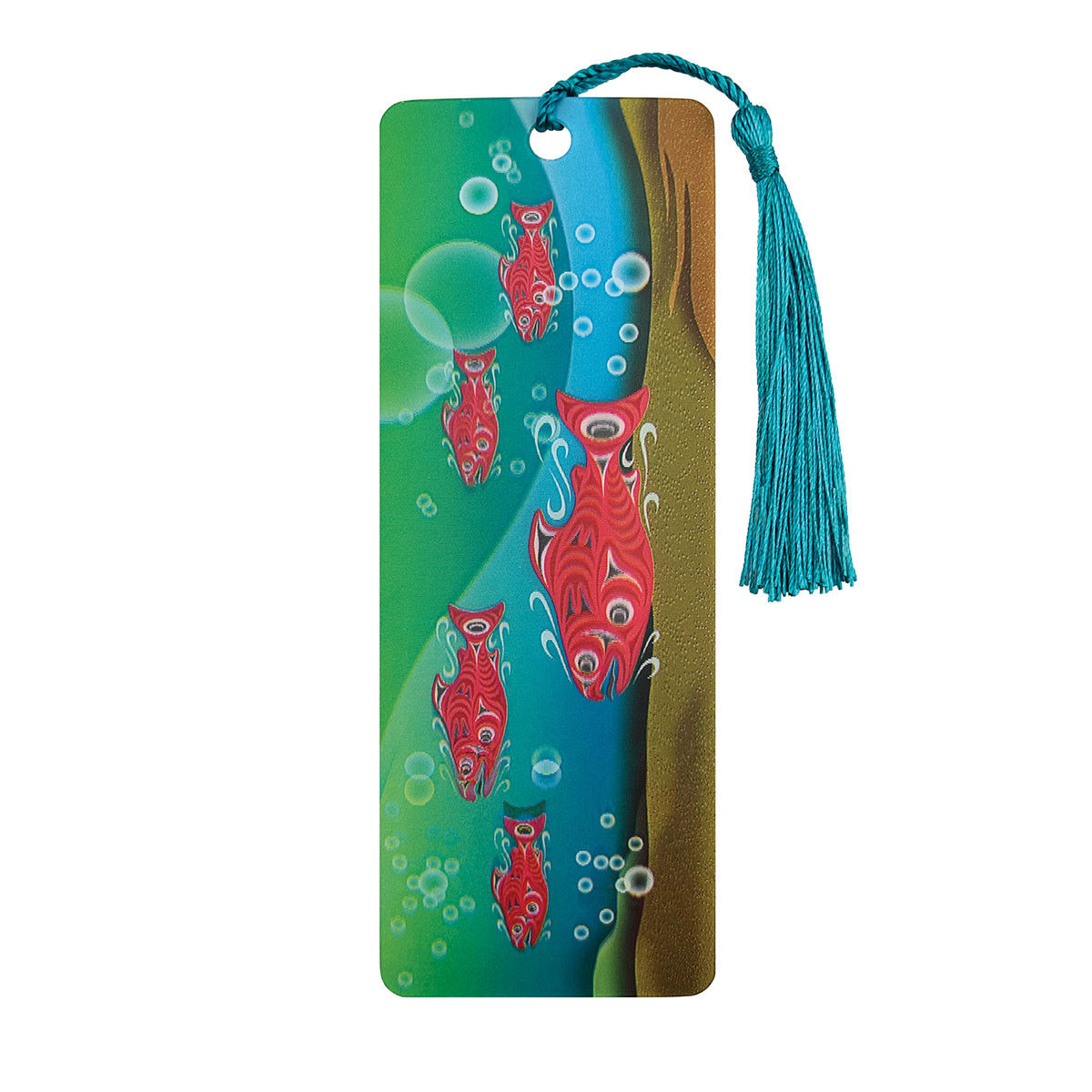 Coho Salmon 3D lenticular bookmark designed by Coast Salish artist Joe Wilson-Sxwaset with tassel at Quichua World Market.