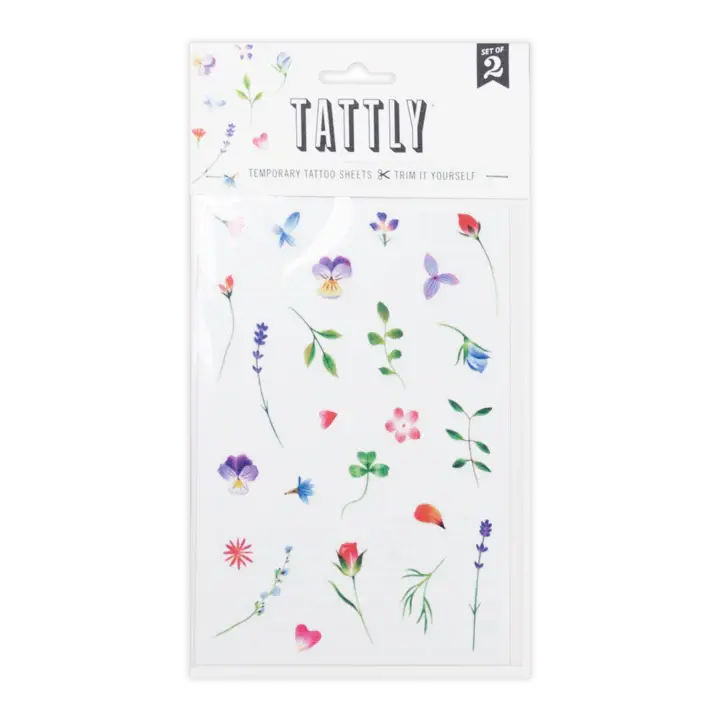 Tattoo sheet of colorful illustrations of tiny flowers & leaves