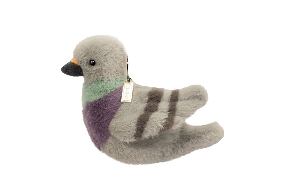 A small grey and white plush Douglas pigeon bag charm named Percy with a silver metal keychain clip at Tickled Pink.