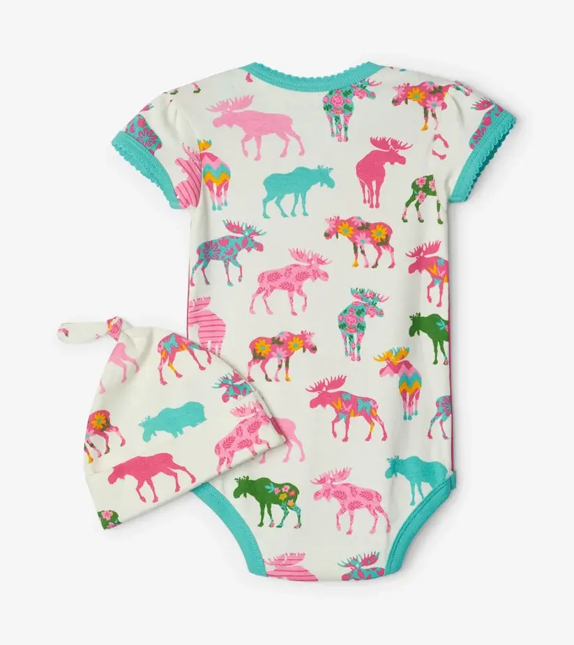 Back view of the Little Blue House Patterned Moose baby bodysuit and knotted hat set at Tickled Pink.