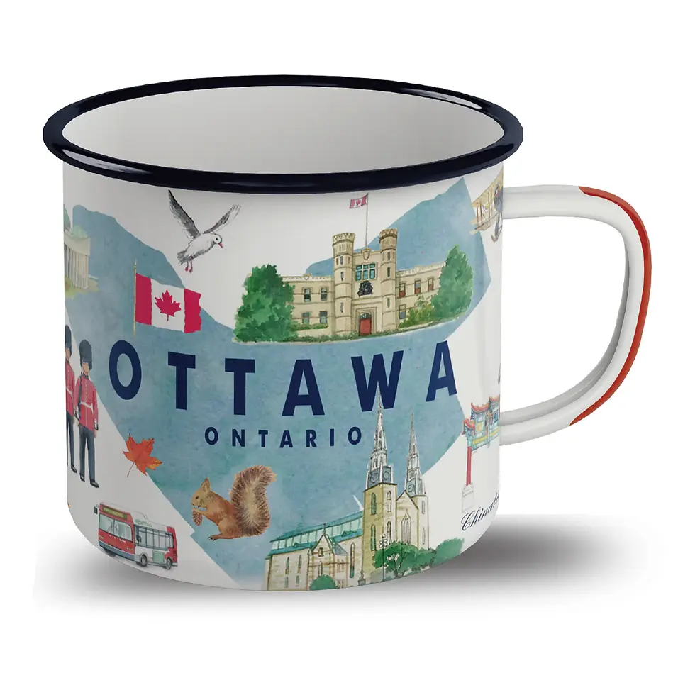 Blue & white Ottawa Ontario enamel mug with print of Ottawa landmarks at Tickled Pink Ottawa