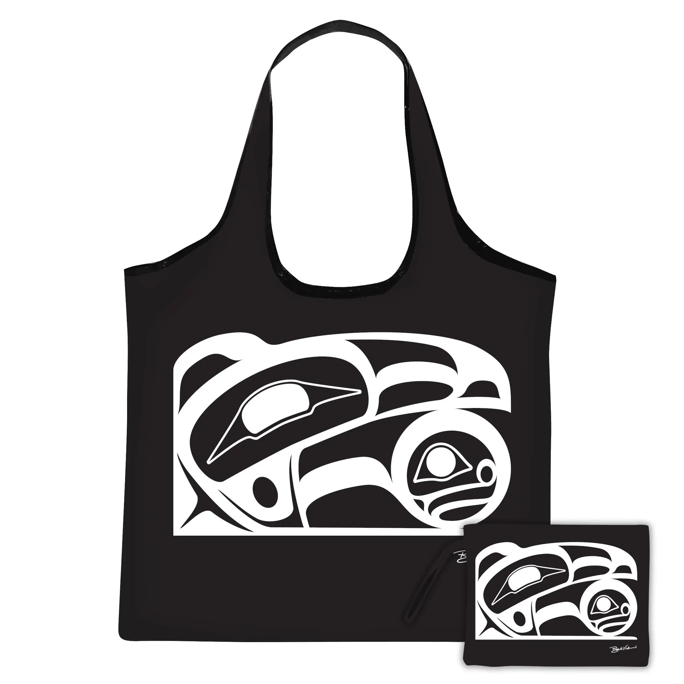 Wide handled reusable shopping bag printed with R. H. Vickers's painting 'Raven' & matching small pouch
