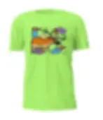 Front of lime T-shirt printed with reproduction of artist Norval Morrisseau's painting 'Moose Harmony'