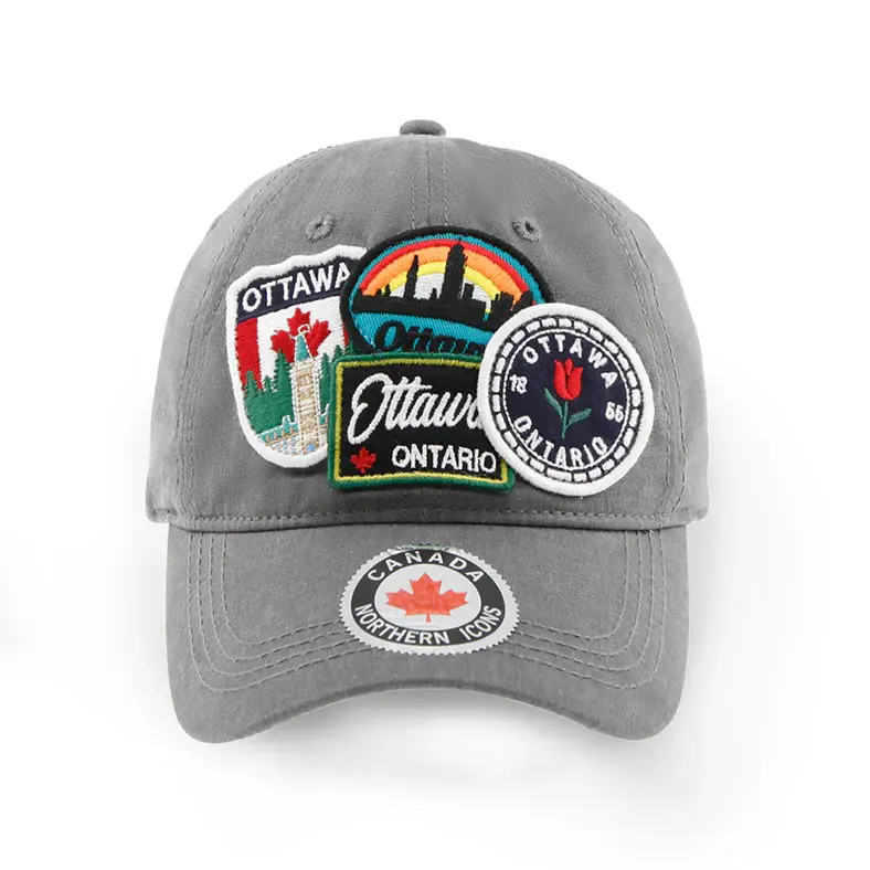 Thumbnail: Front view of gray baseball cap with 4 embroidered Ottawa patches clustered at front