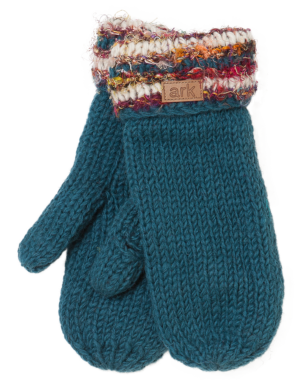 Solid teal knit wool mittens with multi-colored silk & wool cuffs