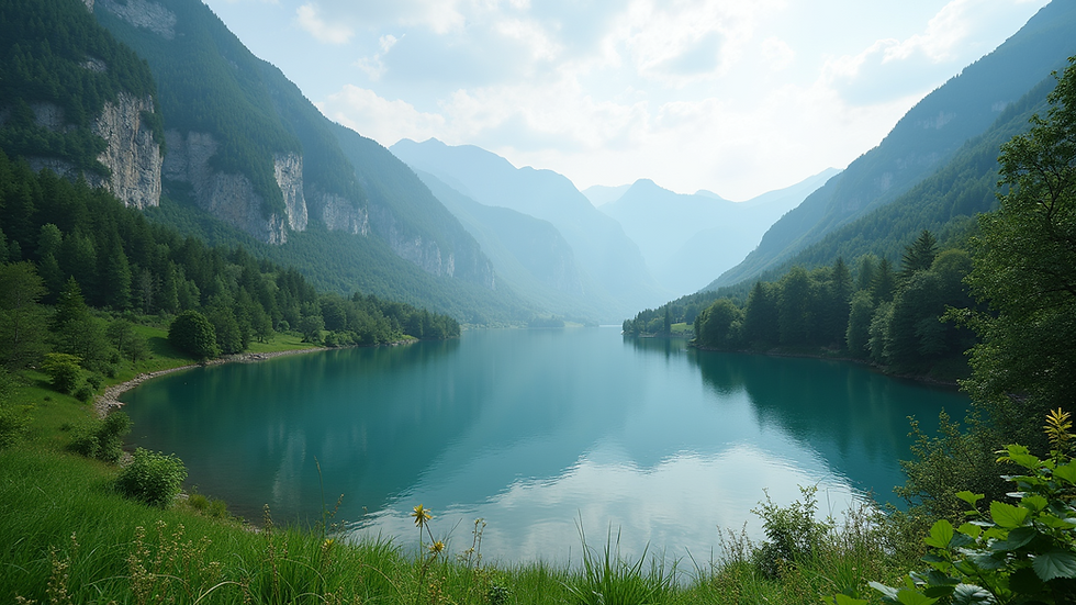 Wide angle view of a serene mountain lake surrounded by lush greenery