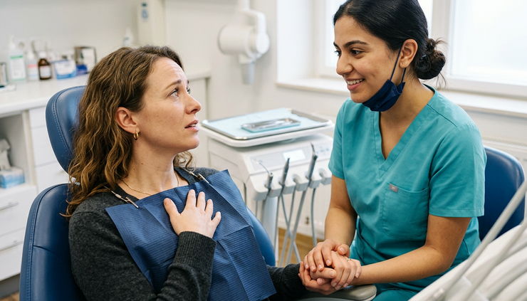 Close-up view of a dental assistant offering a reassuring gesture to a seated patient.