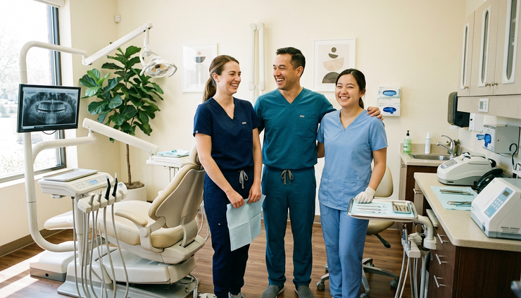 Wide-angle view of a dental team sharing a relaxed moment in a clean treatment room.