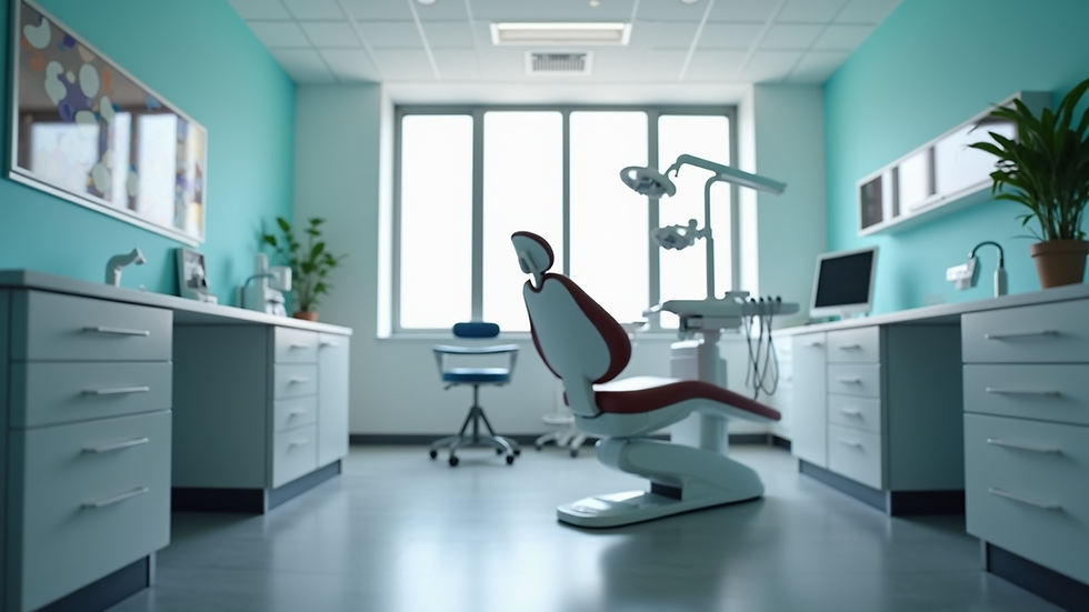 Eye-level view of a modern dental classroom with dental chairs and equipment