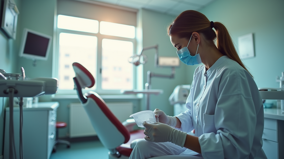 Eye-level view of a dental assistant preparing a patient chair in a modern dental office