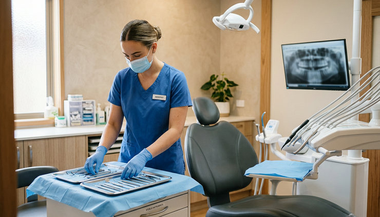 Eye-level view of a dental assistant preparing a bright treatment room before a patient visit.