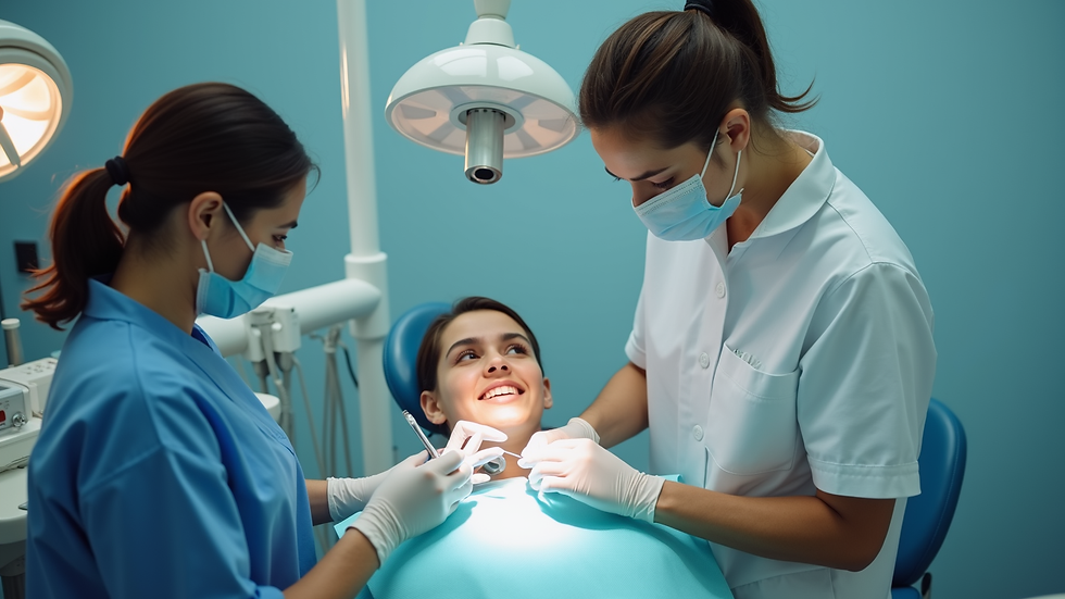 High angle view of dental assistant practicing patient care skills in a training classroom