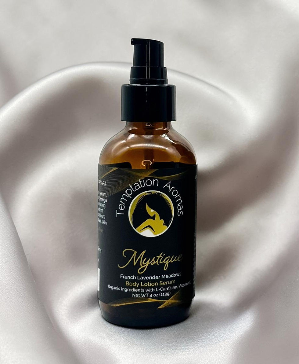 Thumbnail: Mystique sweet lavender body lotion serum amber glass bottle resting gracefully on a premium white silk texture