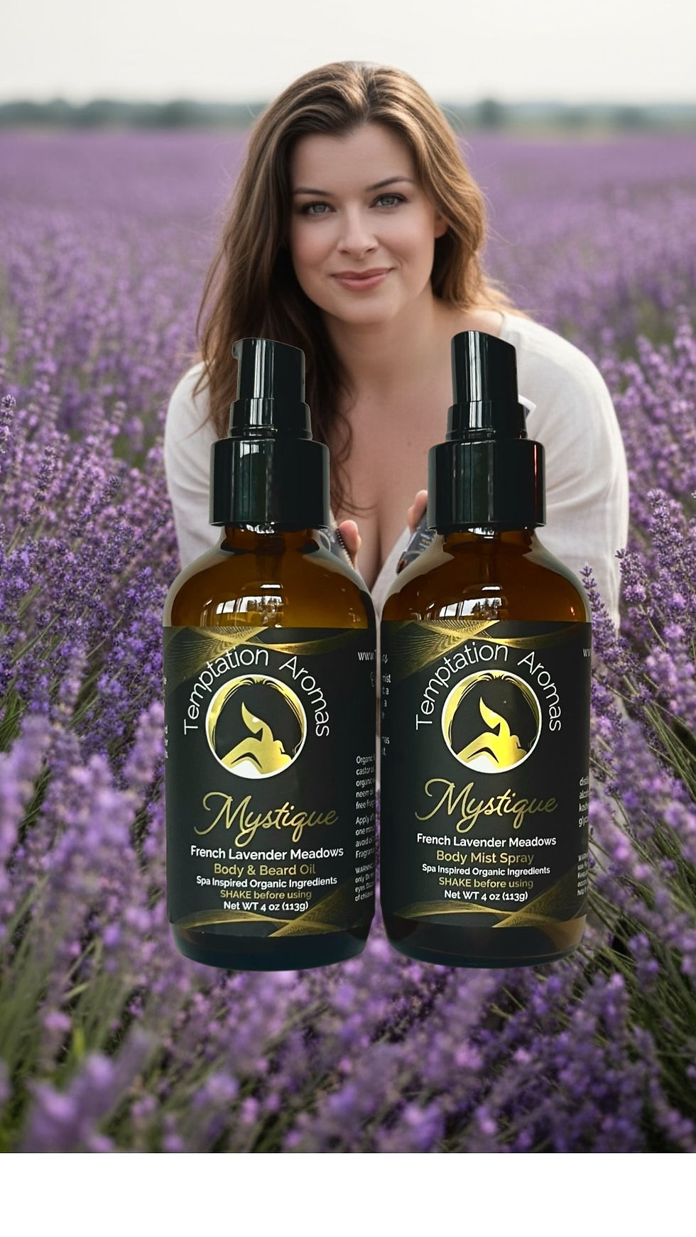Thumbnail: Two amber glass bottles of clean Mystique lavender body serum staged inside a blooming outdoor lavender field