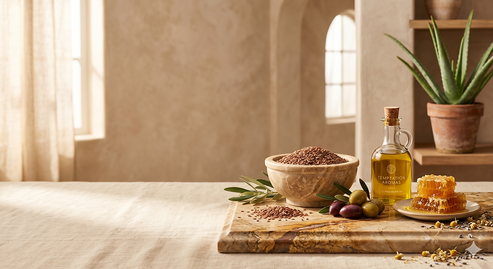 An upscale ingredient glossary background featuring flax seeds in a stone bowl, olive oil, fresh olives, honeycomb, and an aloe vera plant on a tan marble base.