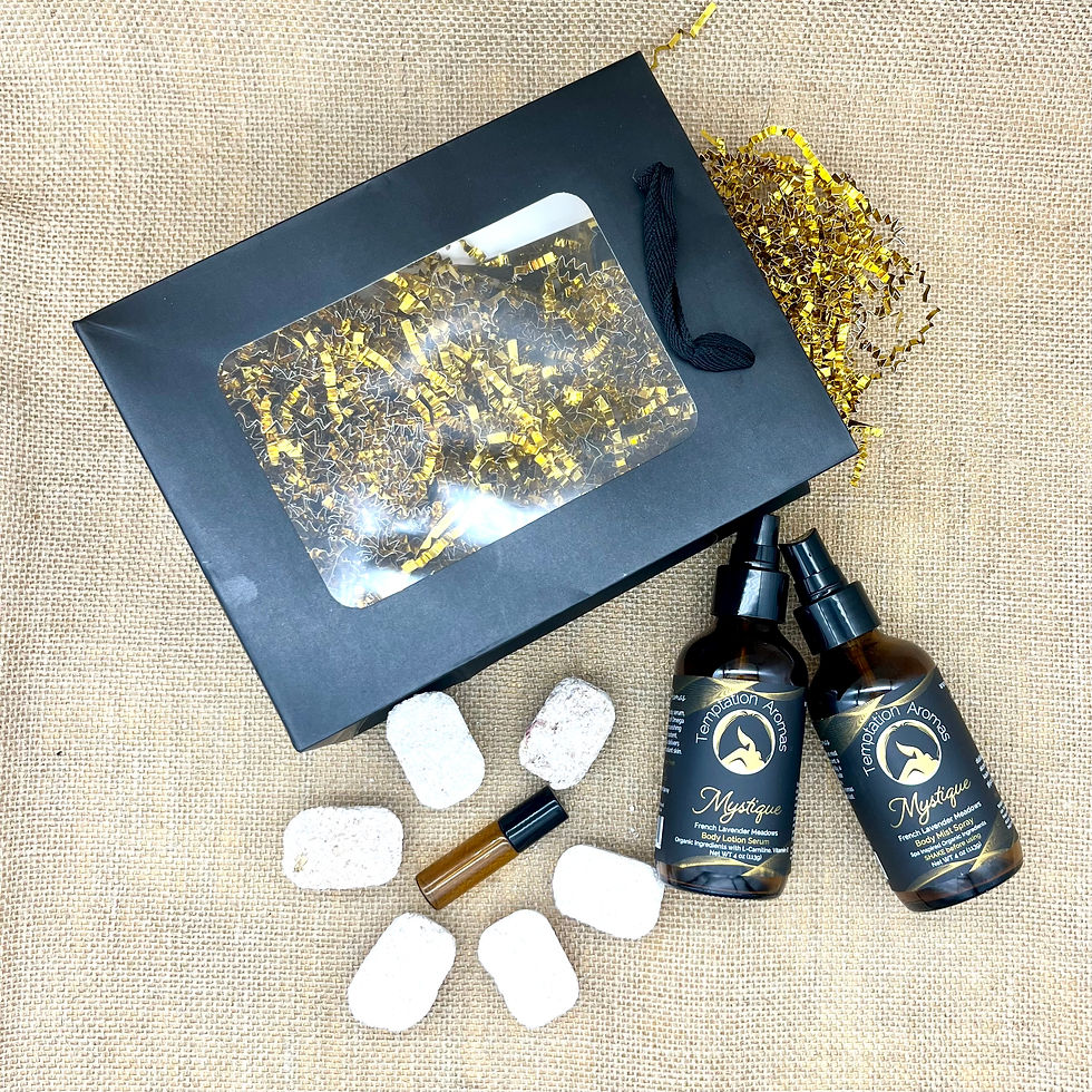 Thumbnail: Mystique lavender gift set featuring a premium black display bag, perfume roll on, and organic lotion serums