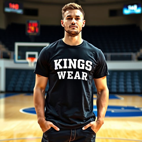 give me an picture of a guy wearing a tee shirt that says KINGS WEAR on the front in itali