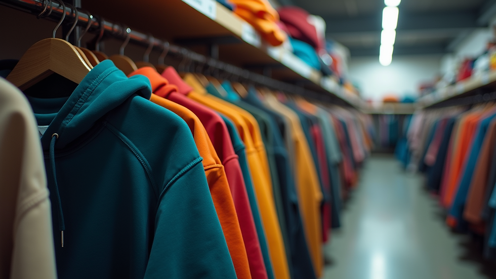 Eye-level view of urban clothing rack with colorful hoodies and jackets