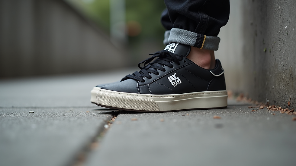Close-up view of a King’s Wear branded sneaker on a concrete urban surface