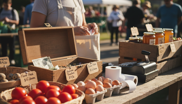 Eye-level view of a small market stall cash box with receipt rolls, price tags, and fresh produce nearby.