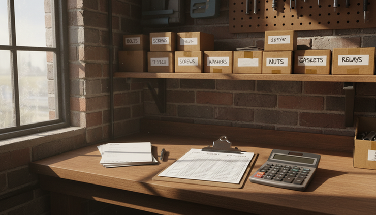 Wide-angle view of a small workshop shelf with inventory boxes, a clipboard, and a calculator.