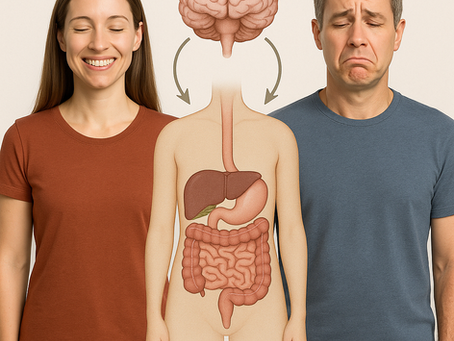 Illustration of gut-brain connection showing anatomy of gut and brain with arrows, alongside a smiling woman and a frowning man - highlighting how gut health influences mood and mental wellness.