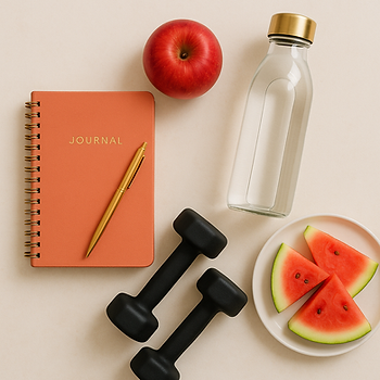 Flat lay of natural stress relief essentials - coral journal with gold pen, red apple, slice of watermelon, glass water bottle with gold top, and hand weights - promoting balance, wellness and healthy lifestyle choices.