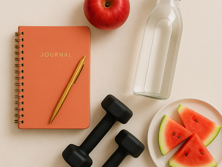 Flat lay of natural stress relief essentials - coral journal with gold pen, red apple, slice of watermelon, glass water bottle with gold top, and hand weights - promoting balance, wellness and healthy lifestyle choices.